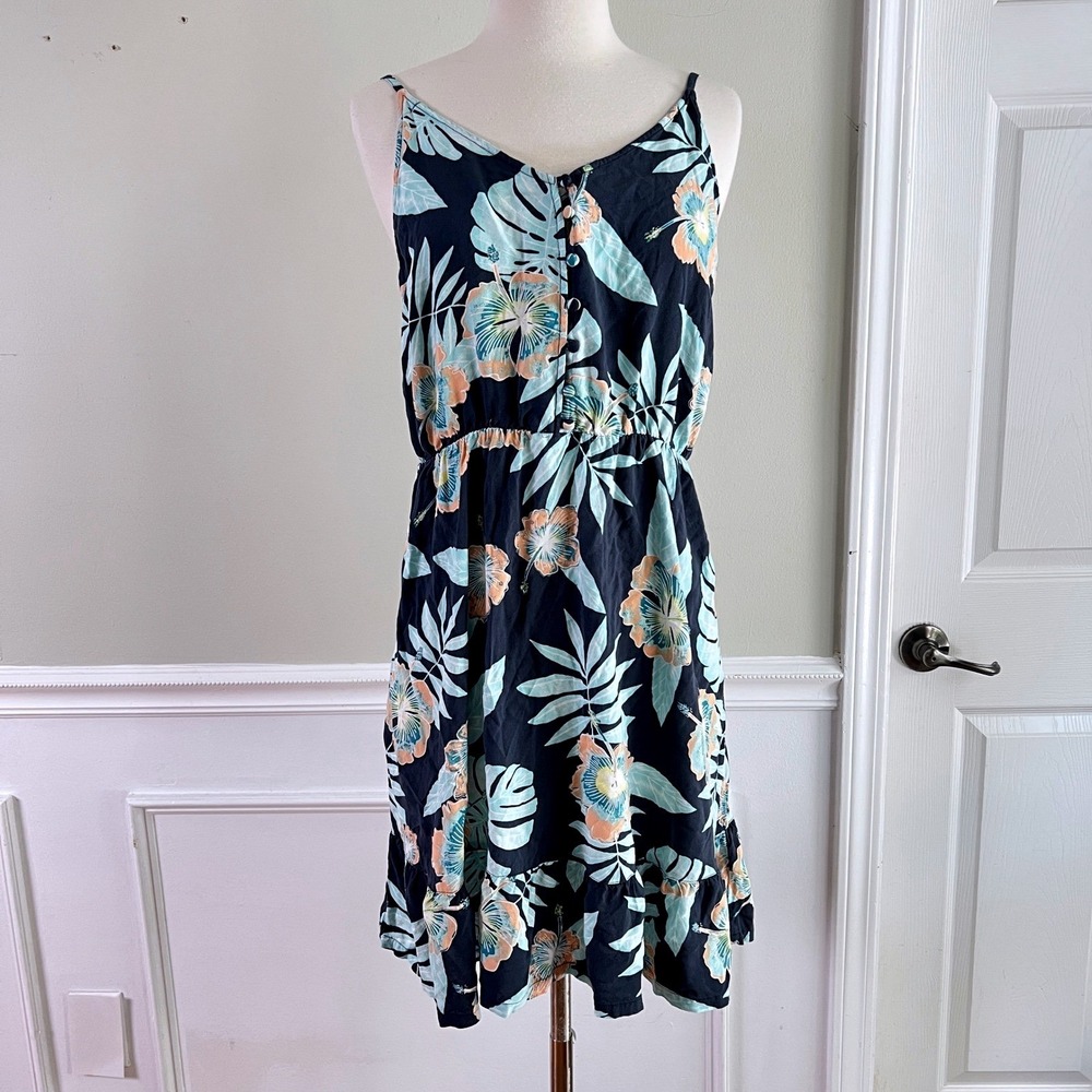 Roxy‎ Floral Sundress M Women  Tropical Button Front Ruffle Navy Blue Beach Boho